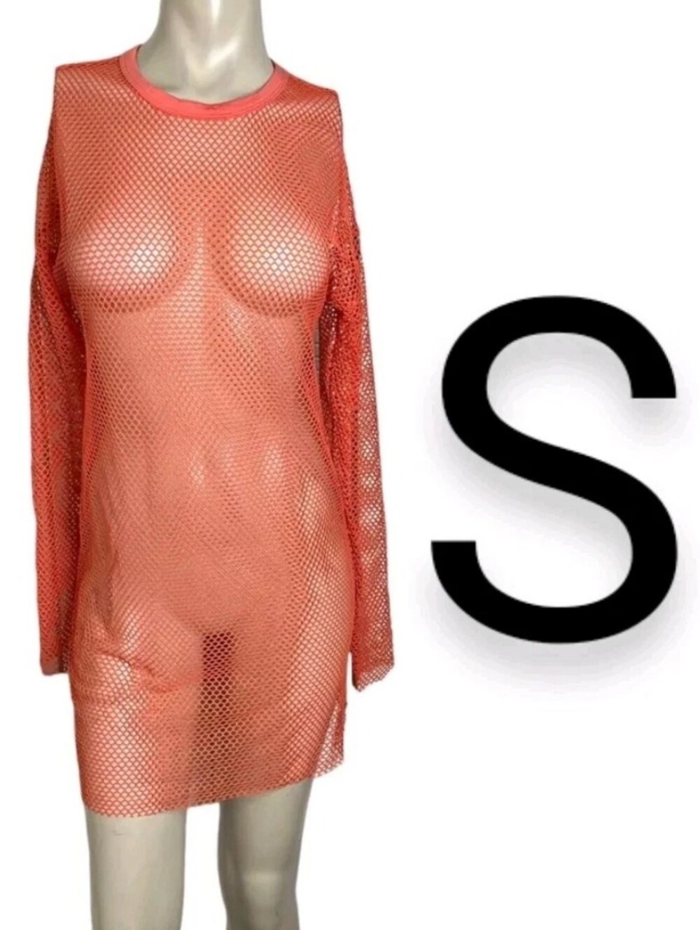 🆕Coral Pink Fishnet Long Sleeve Pool Throw Over Mini Dress~Size S